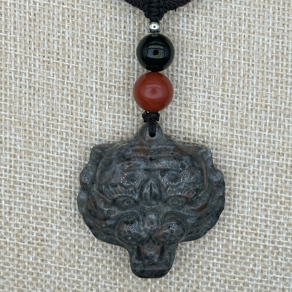 Jewelry - Yooperlite Tiger Pendant Necklace; Red Jasper and Onyx on Brown and Black Rope